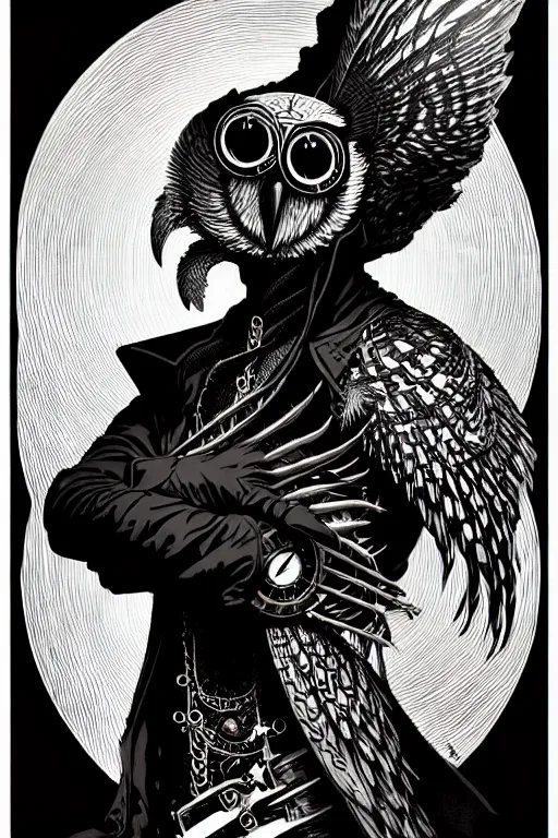 Image similar to side view of majestic steampunk anthropomorphic owl man alchemist cloaked wizard, high details, bold line art, by vincent di fate and joe fenton, inking, etching, screen print, masterpiece, trending on artstation, sharp, high contrast, hyper - detailed,, hd, 4 k, 8 k