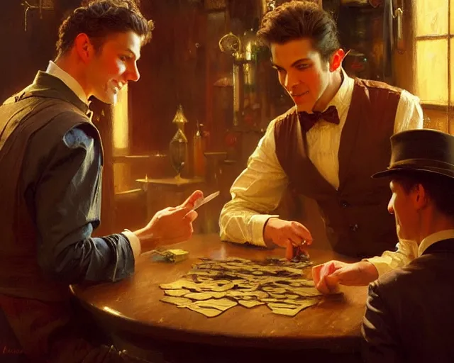 Prompt: attractive magician man, in magic shop. highly detailed painting by gaston bussiere, craig mullins, j. c. leyendecker 8 k