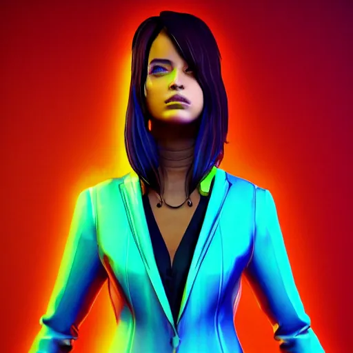 Image similar to stylish woman cartoon portrait made out of rain, pinstripe suit, cyberpunk background, rendered in octane, unreal engine, highly detailed, trending on artstation, realistic, neon, beautiful