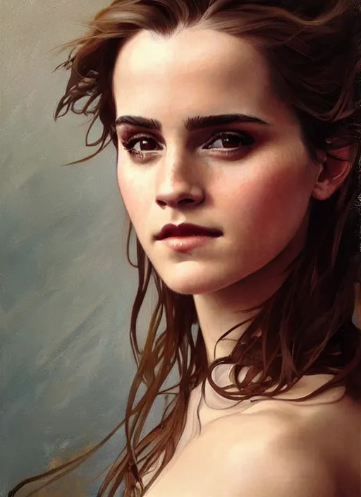 Image similar to oil painting of emma watson giving biting her lip seductive look. beautiful detailed face. by artgerm and greg rutkowski and alphonse mucha