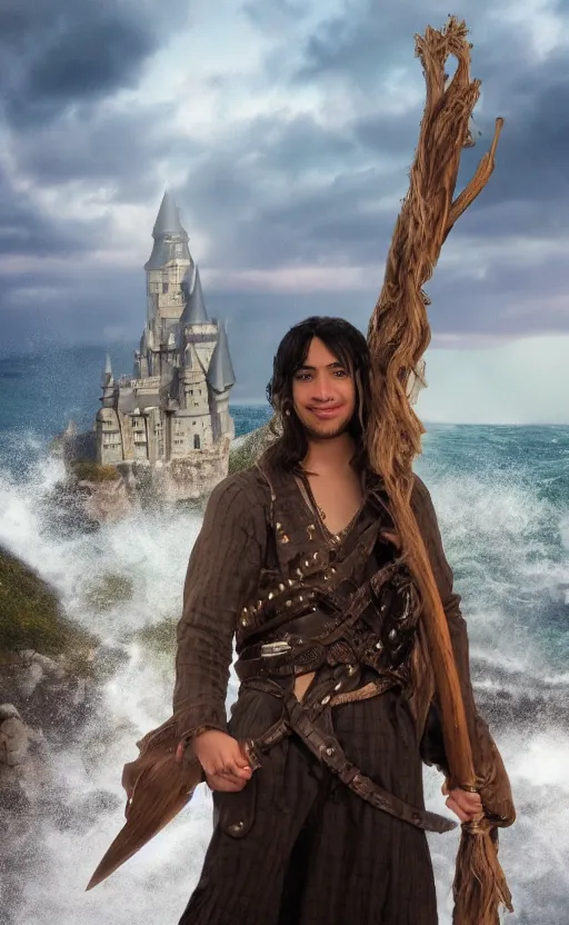 Prompt: photographic portrait of young adult male wizard from the waist up with black hair wearing a brown jerkin and bandolier and wielding an intricate wooden staff in front of a castle or stone structure or rock tower and turrets by the sea, photorealistic, dramatic lighting, intense clouds, sharp detail, hyper realistic, foggy atmosphere, intense facial expression, octane render, ocean waves crashing, rule of thirds, no really put a castle in there