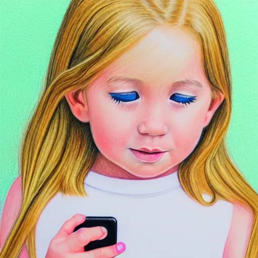 Prompt: profile of 3 year old blonde girl with iphone, colored pencil on white background by eloise wilkin