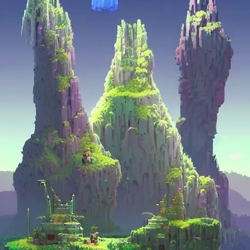 Image similar to 4k Pylons are furniture items that appear as a large stone or crystal hovering and rotating above a biome-themed stand from Terraria Game , Surrounded deep forest from terraria game by Craig Mullins, ilya kuvshinov, krenz cushart, epic , artgerm trending on artstation by Edward Hopper and Dan Mumford and WLOP and Rutkovsky, beksinski carl spitzweg moebius and tuomas kocar, intricate artwork by caravaggio, Unreal Engine 5, Lumen, Nanite