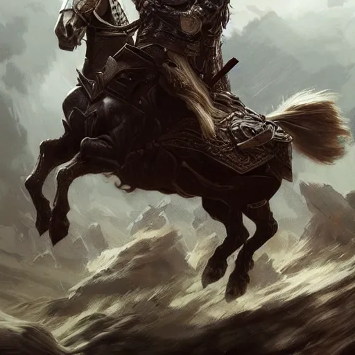 Image similar to Chris Hemsworth riding an armored warhorse into battle, D&D style, fantasy, intricate, elegant, highly detailed, digital painting, artstation, concept art, matte, sharp focus, illustration, art by Artgerm and Greg Rutkowski and Alphonse Mucha