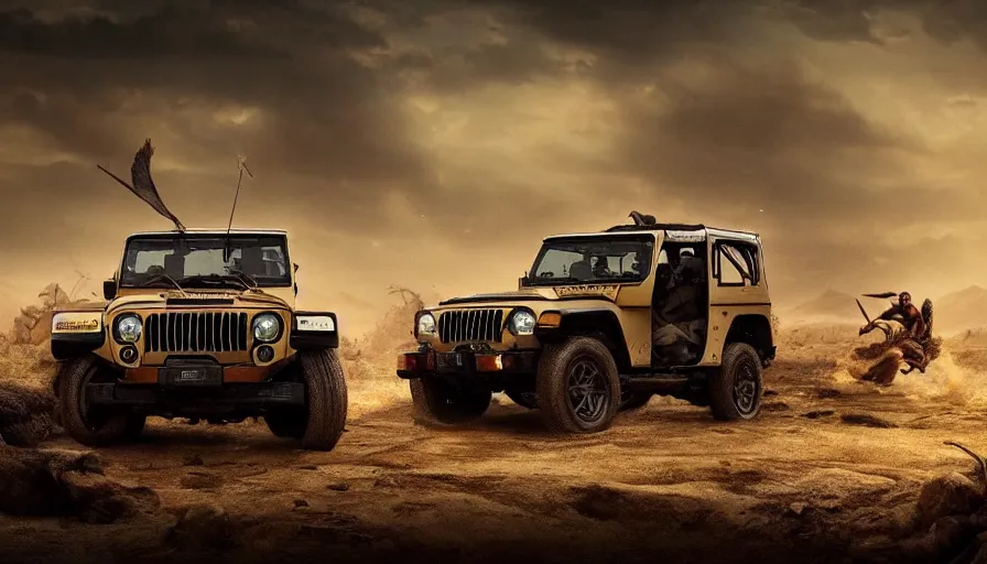 Image similar to Mahindra thar, tribe members attacking, action scene, an epic fantasy, dramatic lighting, cinematic, establishing shot, extremely high detail, photorealistic, cinematic lighting, artstation, by christopher nolan, horizon forbidden west