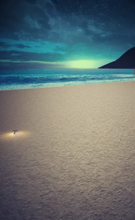 Image similar to beach at night, soft render, volumetric lighting, 3d grainy aesthetic illustration