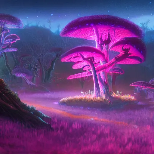 Image similar to concept art painting of a fantasy alien fungal landscape at night, magenta trees, glowing blue mushrooms, dark purple sky, realistic, detailed, cel shaded, in the style of makoto shinkai and greg rutkowski and albert bierstadt and james gurney