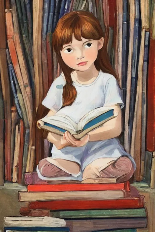 Prompt: a little girl sits cross legged on top of a tall pile of books. she is reading. clean elegant pretty cartoon painting, beautiful detailed face.