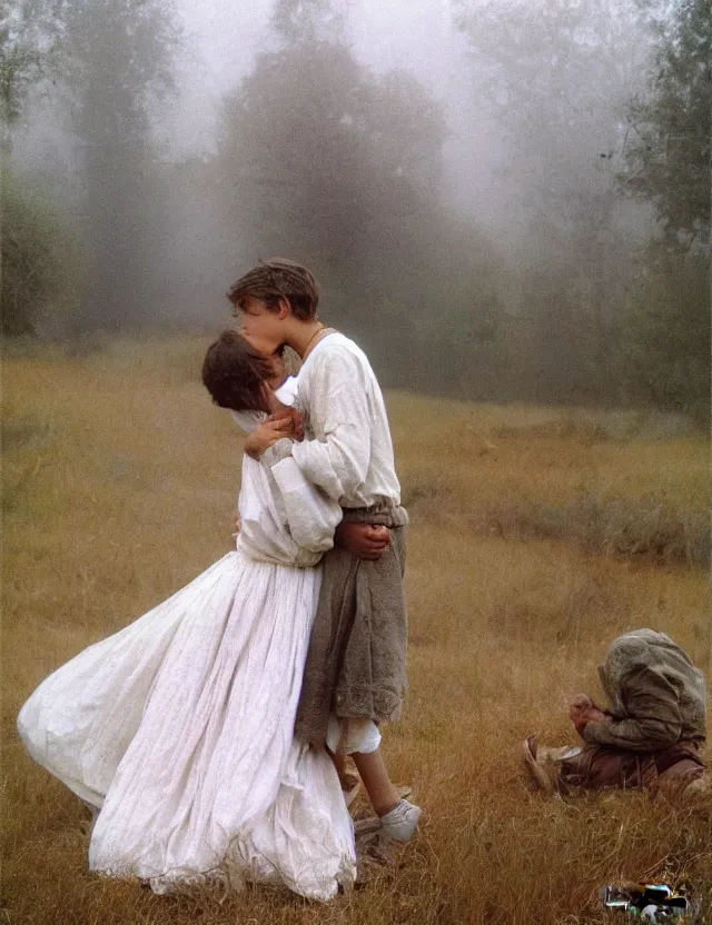 Image similar to peasant boy and girl first kiss, on a village, Cinematic focus, Polaroid photo, vintage, neutral colors, soft lights, foggy, by Steve Hanks, by Serov Valentin, by lisa yuskavage, by Andrei Tarkovsky 8k render, detailed, oil on canvas