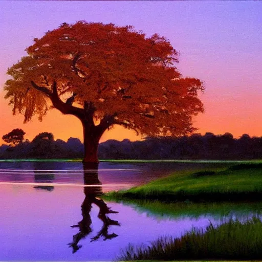 Image similar to beautiful paiting of an oak tree growing in the middle of a lake at dusk, by bob ross