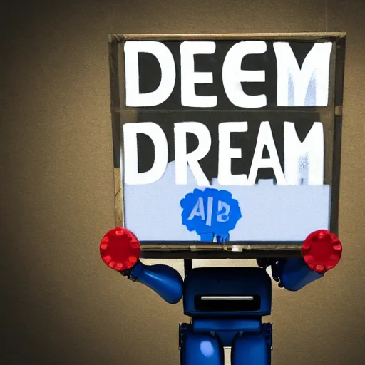 Image similar to artificial intelligence robot holding a sign with text that reads : dream