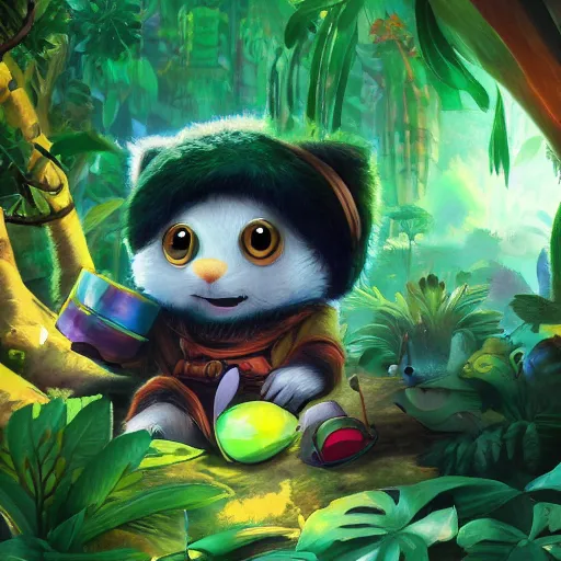 Image similar to disco diffusion painting of teemo in the jungle by makoto shinkai, masterpiece, contest award winner