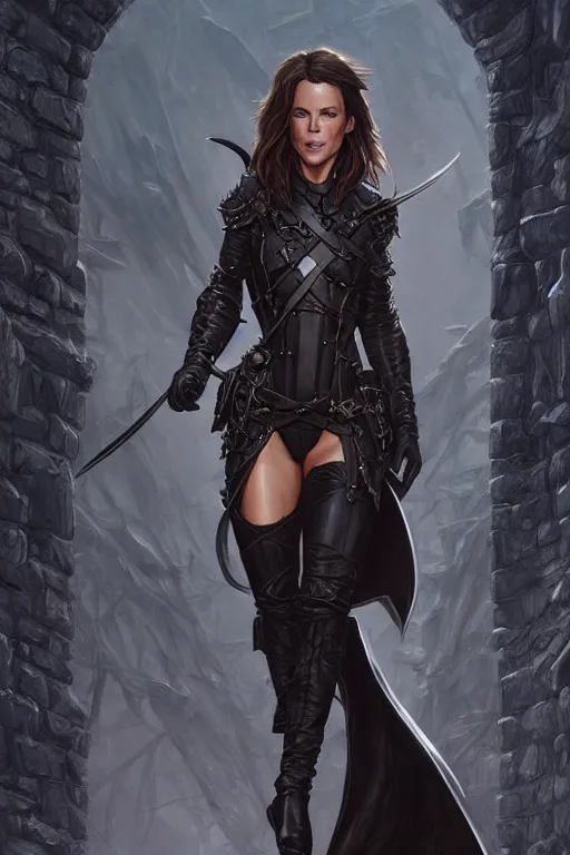 Image similar to kate beckinsale as dnd thief, weared in leather armor, highly detailed, d & d, fantasy, highly detailed, digital painting, trending on artstation, concept art, sharp focus, illustration, art by artgerm and greg rutkowski and magali villeneuve