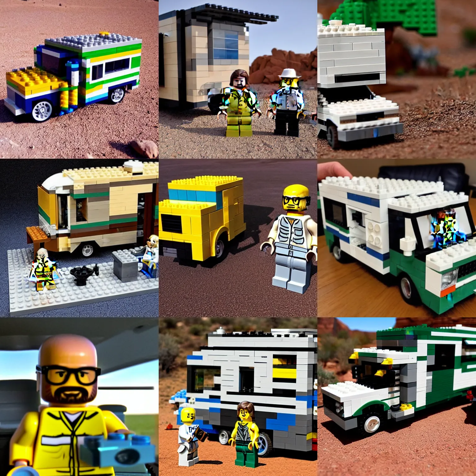 Image similar to realistic lego set of walter white from breaking bad with his rv in arizona desert