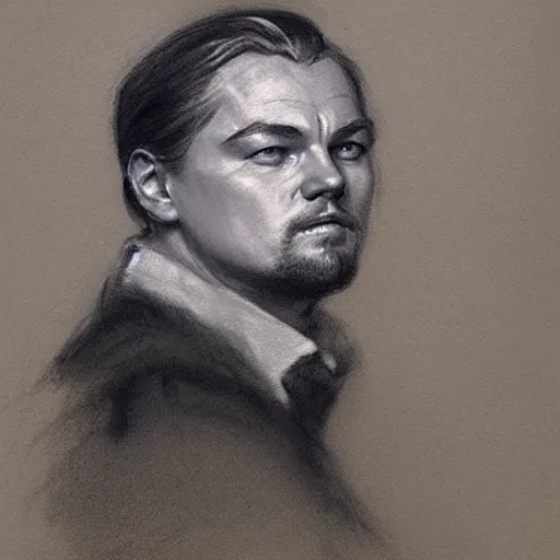 Image similar to portrait drawing of leonardo dicaprio, by ilya repin, russian academicism, charcoal, chalk, mix of hatching and smudging technique, john singer sargent