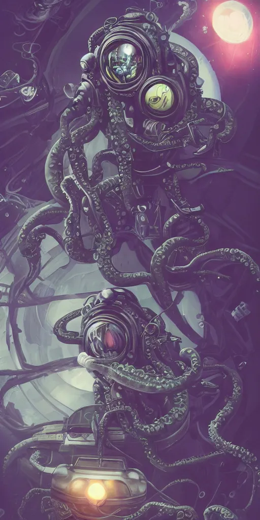 Image similar to eldritch astronaut with tentacles, retrofuturism, atompunk, dynamic composition, dramatic lighting, hyperrealistic, ultra detailed, nitro colors