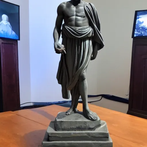 Prompt: a statue of socrates wearing a virtual reality headset, vr, virtual reality, virtual reality headset, oil painting