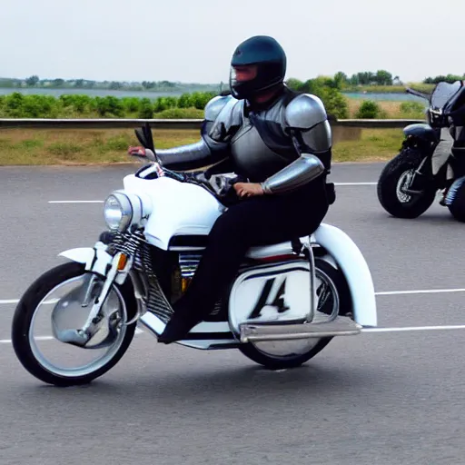 Image similar to very high quality picture of a knight riding on a motercycle, highway, wheelie, fast