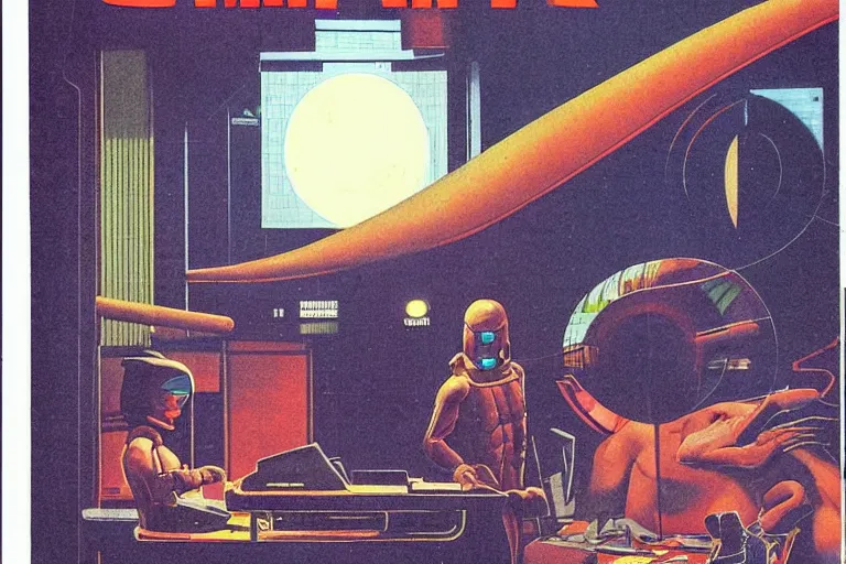 Prompt: 1979 OMNI Magazine Cover of a lizard man at a desk with a large circular window to neo-Tokyo streets behind him. in cyberpunk style by Vincent Di Fate