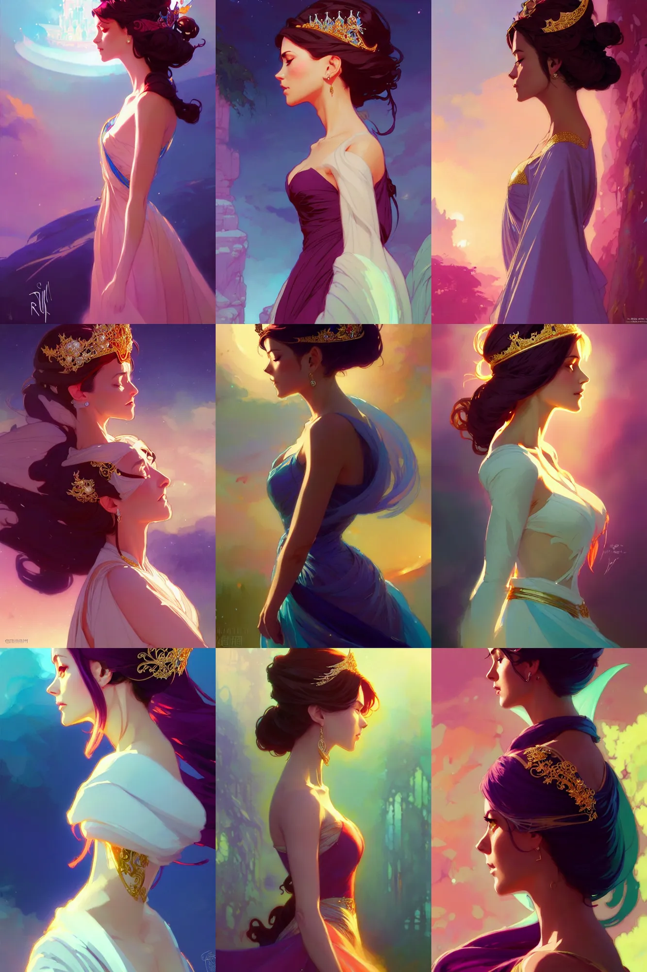 Prompt: side profile, beautiful gilr with a tiara and jewelry, robes, elegant, concept art, smooth, ethereal background, vibrant colors, by greg rutkowski, jesper ejsing, ilya kuvshinov, artgerm, mucha