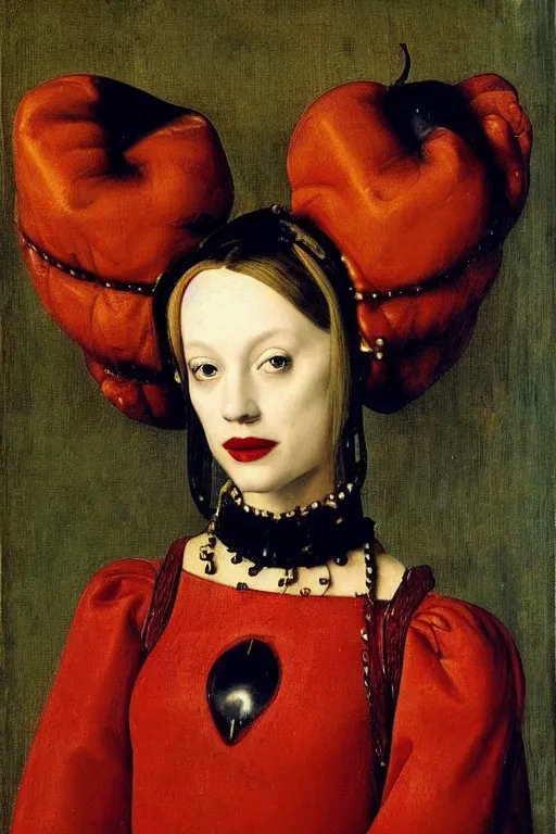 Prompt: portrait of harley quinn, oil painting by jan van eyck, northern renaissance art, oil on canvas, wet - on - wet technique, realistic, expressive emotions, intricate textures, illusionistic detail