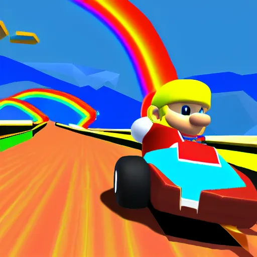 Prompt: thor on rainbow road, mario kart 6 4 screenshot, low poly, aliased