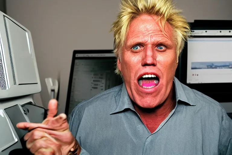 Image similar to gary busey screaming at a desktop computer in 1 9 9 9, ( sony a 7 r iv, symmetric balance, polarizing filter, photolab, lightroom, 4 k, dolby vision, photography awardm, voque, perfect face )