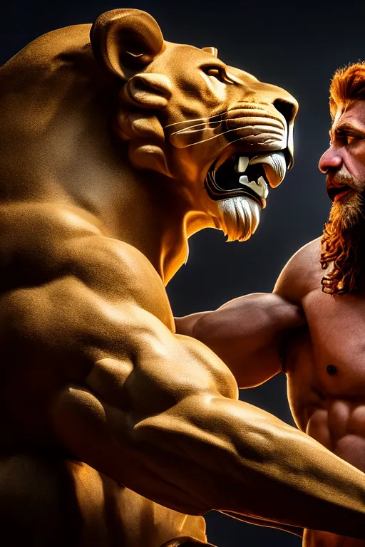 Image similar to hercules vs lion, photorealistic, 4 k, smooth, aesthetic lighting, baroque object, hyperdetailed, professional photography, pullitzer winning, photo by : canon eos 5 d mark iv, by karah mew and adnan abidi