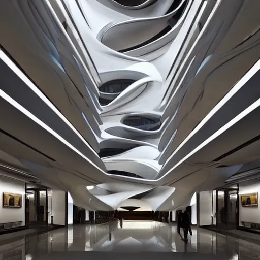 Prompt: extremely elegant detailed stunning beautiful futuristic museum vertical lobby interior by Zaha Hadid