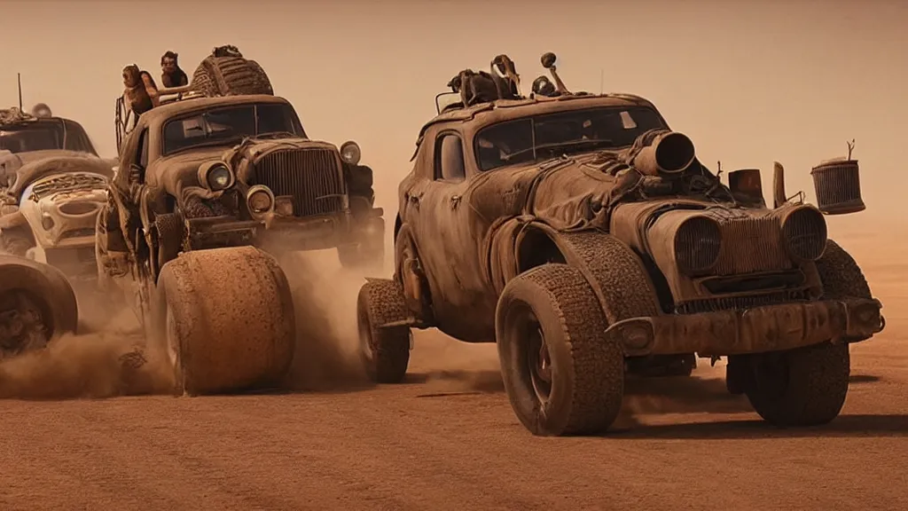 Image similar to mad max cars in a pixar movie