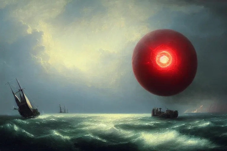 Image similar to A beautiful matte painting of huge spherical alien spaceship attacking with powerful red lasers a Sailship in ocean in thunderstorm by Greg Rutkowski and Ivan aivazovsky