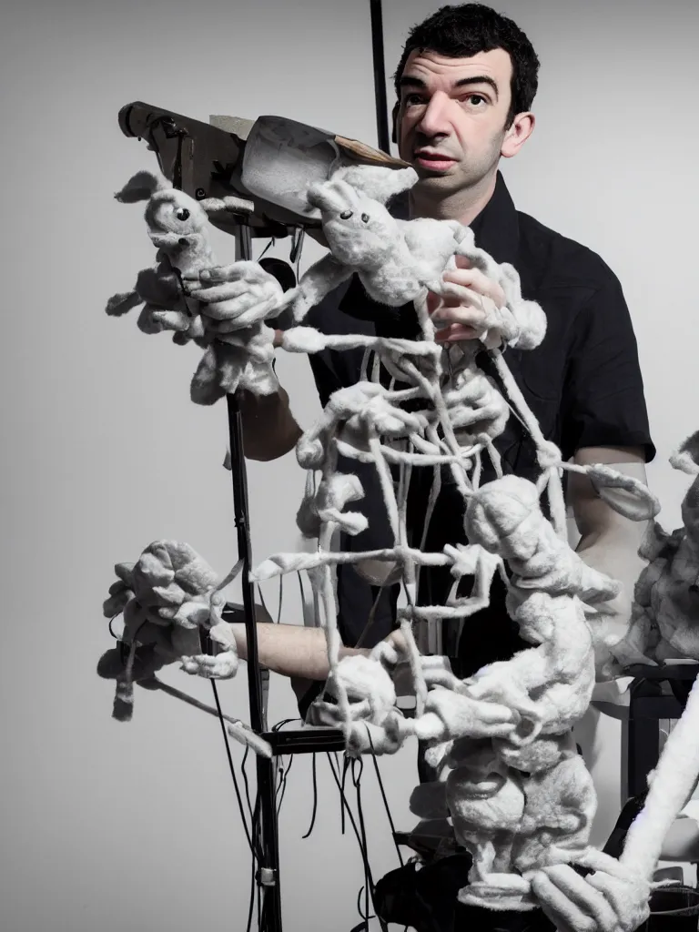 Image similar to close up photograph of nathan fielder behind a puppet stage controlling a marionette by the strings, high detail, 8 k, photorealism, sharp focus, volumetric lighting