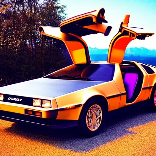 Image similar to delorean car in the 80's. Retrowave. synthwave. orange purple.