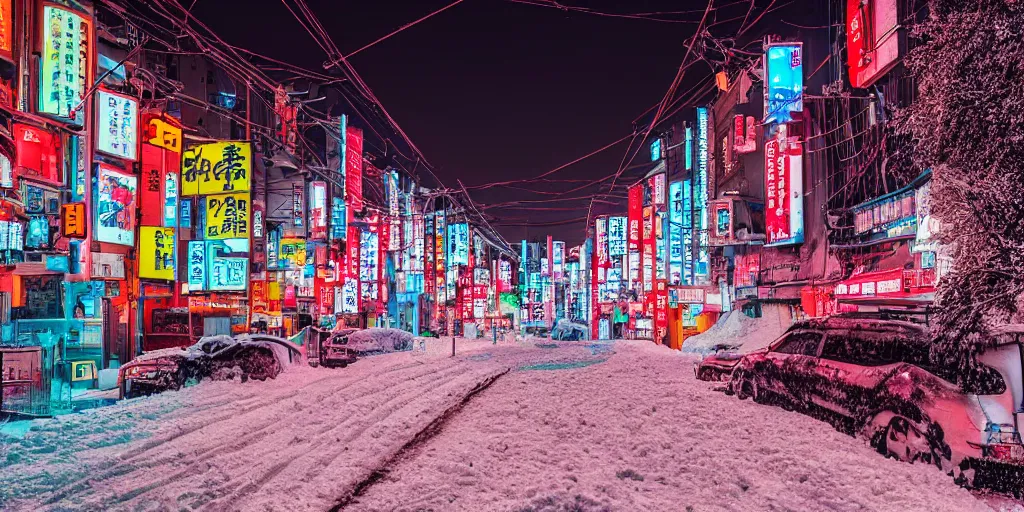 Prompt: a city street at night, snowing, photograph, cyberpunk, sharp focus, intricate detail, drone shot, high resolution, 8k, neon streetlights, wires hanging down everywhere, Japan, colourful, streets filled with cats