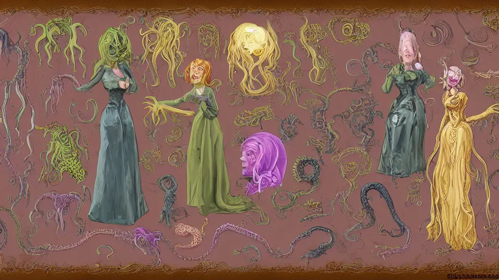 Prompt: highly detailed colorful character sheet for a stocky alien extraterrestrial victorian female servant maid with thick snake - like tentacles instead of hair, long dress with apron, mucha, ernst haeckle, jim henson creature shop, digital art, trending on artstation, hd, 8 k, good lighting, beautiful, rough paper, masterpiece