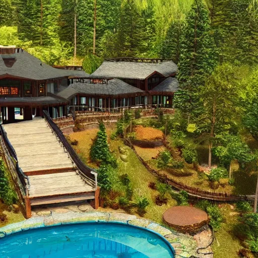 Image similar to abnormally large and complex shaped swimming pool in the middle of the forest, high details, ultra realistic, high fidelity