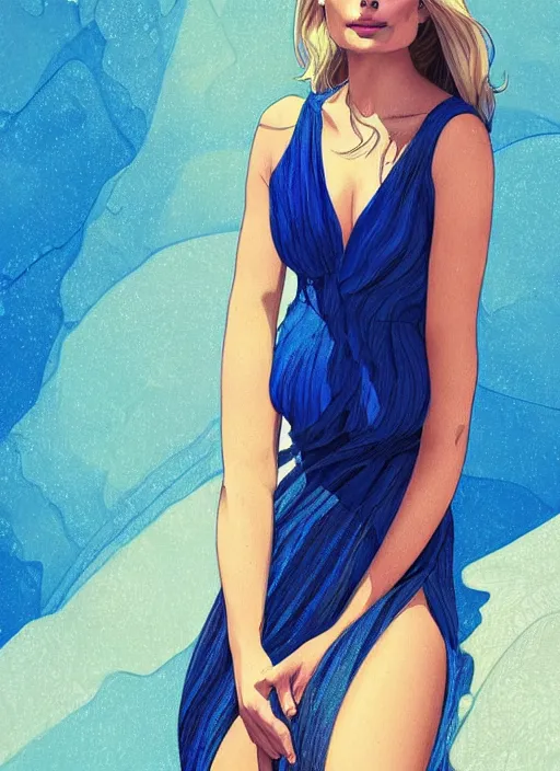 Image similar to margot robbie blue dress detailed clothing, half body shot, arms down, path traced, highly detailed, high quality, digital painting, alena aenami, lilia alvarado, shinji aramaki, karol bak, alphonse mucha, tom bagshaw