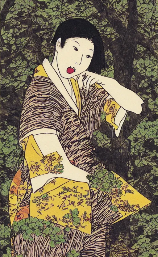 Prompt: by akio watanabe, manga art, medium size boar is curios about girl with brown hair sitting in forest, yellow eyes, weft on clothing, trading card front, kimono, realistic anatomy