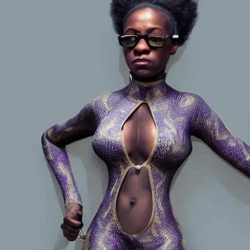 Image similar to highly detailed an african american woman in with the black panter random suit from the future gta v, stephen bliss, unreal engine, fantasy art by greg rutkowski, loish, rhads, ferdinand knab, makoto shinkai and lois van baarle, ilya kuvshinov, rossdraws, tom bagshaw, global illumination, radiant light, detailed and intricate environment