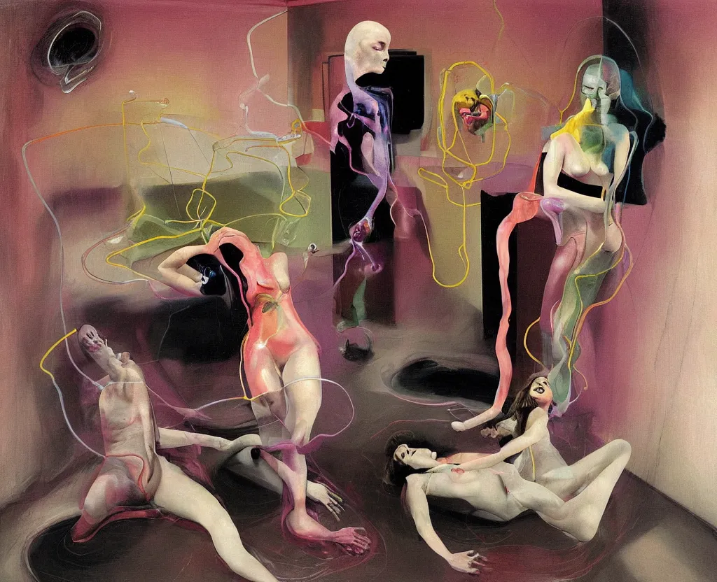 Image similar to Man and woman attached as one by love in a living room of a house, floating serpentine energy surrounds the middle of the room. There is oopen refrigerator to the side of the room, surrounded by a background of dark cyber mystic alchemical transmutation heavenless realm, cover artwork by francis bacon and Jenny seville, midnight hour, part by adrian ghenie, part by jeffrey smith, part by josan gonzales, part by norman rockwell, part by phil hale, part by kim dorland, palette knife texture, paint drip, midnight hour, artstation, highly detailed