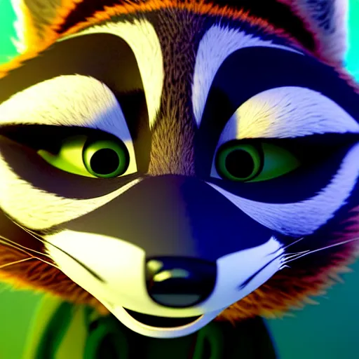 Image similar to a relaxed stoner with a black hoodie on with a marijuana themed dark green raccoon head from zootopia, 3 d, blender 3 d, render, extremely detailed, 8 k, has cracked red eyes