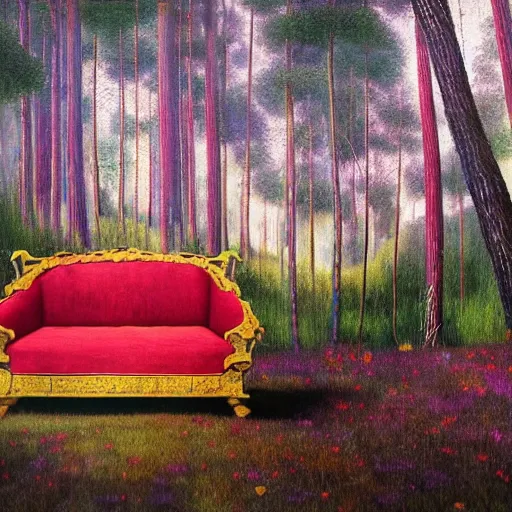 Image similar to psychedelic couch sofa in the lush pine forest, milky way, moose antlers, designed by arnold bocklin, jules bastien - lepage, tarsila do amaral, wayne barlowe and gustave baumann, cheval michael, trending on artstation, star, sharp focus, colorful refracted sparkles and lines, soft light, 8 k 4 k