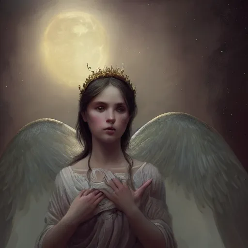 Image similar to A beautiful digital painting of a baby Seraphim, princess, the moon behind her, intricate, cinematic lighting, highly detailed, digital painting, Artstation, concept art, smooth, sharp focus, illustration, art by Tom Bagshaw, Artgerm and Greg Rutkowski