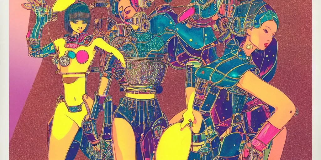 Prompt: risograph grainy drawing vintage sci - fi, satoshi kon color palette, gigantic beautiful bejeweled armored woman full - body covered in colourful gems, 1 9 6 0, kodak, metal wires, natural colors, codex seraphinianus painting by moebius and satoshi kon and alberto mielgo close - up portrait