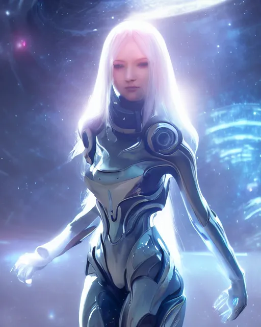 Image similar to perfect android girl on a mothership, warframe armor, beautiful face, scifi, futuristic, galaxy, nebula, raytracing, dreamy, long white hair, blue cyborg eyes, sharp focus, cinematic lighting, highly detailed, artstation, divine, by gauthier leblanc, kazuya takahashi, huifeng huang