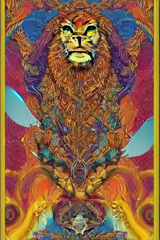 Image similar to beautiful and colorful fractal tarot card featuring an ornate, realistic, and regal viking lion by Dan Mumford, by Jim Fitzpatrick, by joe wilson, featured on deviant art, trending on artstation