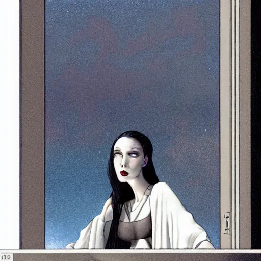 Prompt: modern urban vampire looking out her window from her apartment, by gerald brom