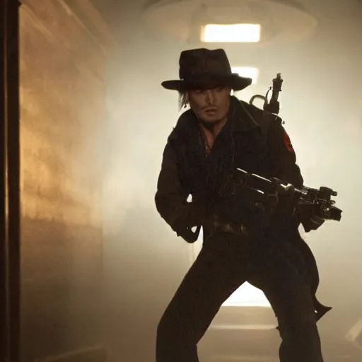 Image similar to stunning awe inspiring johnny depp as a ghostbuster, movie still 8 k hdr atmospheric lighting