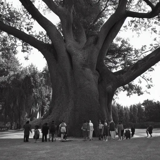 Prompt: a group of people in a park staring up at a gigantic tree, professional monochromatic, digital artwork