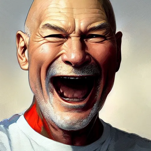 Prompt: portrait of Patrick Stewart opening his mouth to eat pizza, highly detailed, digital painting, artstation, concept art, sharp focus, illustration, art by artgerm and greg rutkowski and alphonse mucha